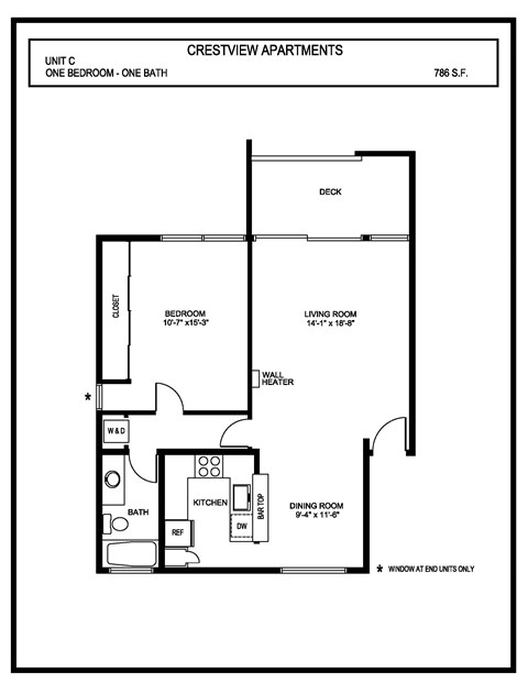 Floor plan for 1 bed, 1 bath, 786 sqft